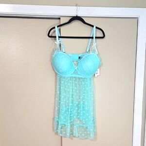 Pure Beauty Rene Rofe Sheer Mint Green Polka Dot Baby Doll Lingerie 18/20 New